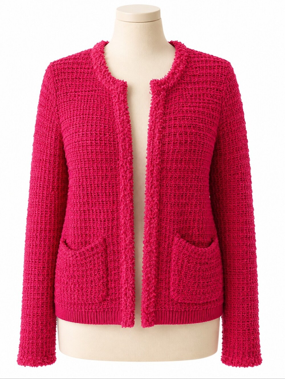 NWT Ann Taylor Red Textured Fringe Open Front Knit Jacket Cardigan Blazer Size L